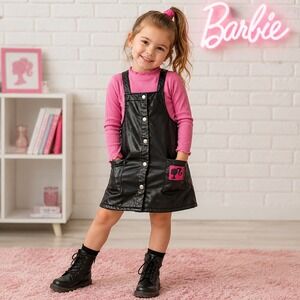 Barbie Girls 4T Black Faux Leather Pinafore Jumper‎ Dress Snap Front